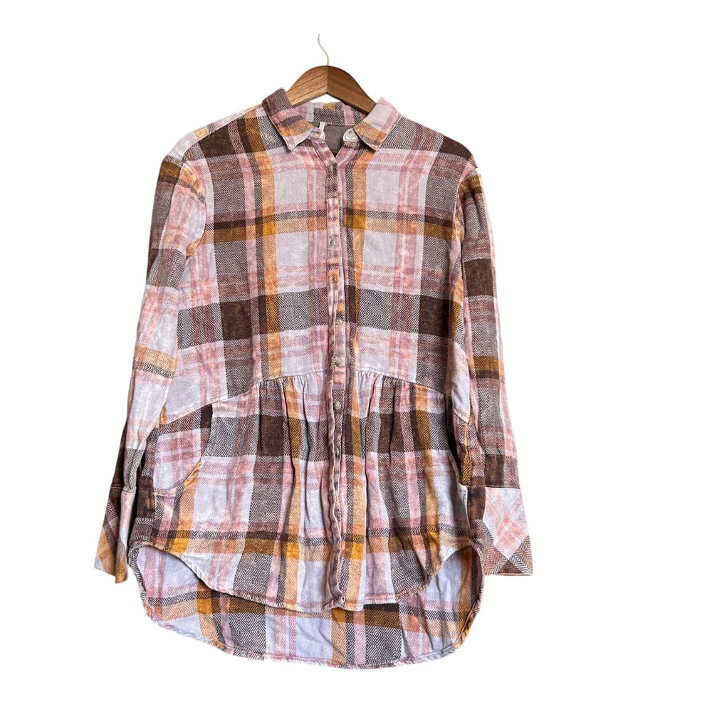 Free People Plaid Long Sleeve Button Down Top Brown Pink Boho Small